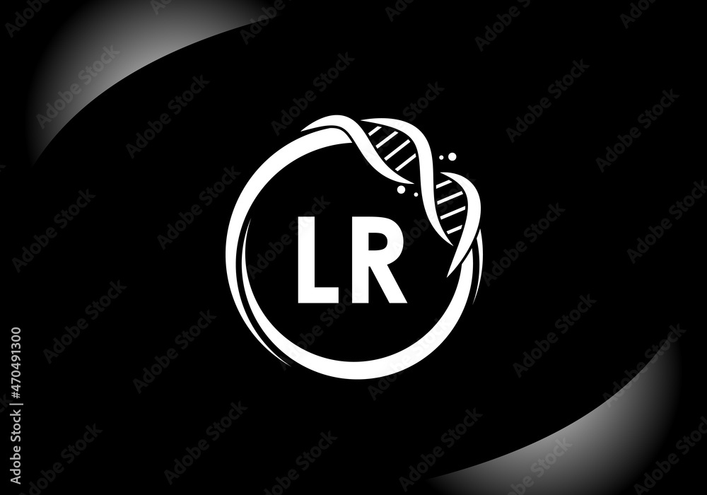 Black letter LR monogram alphabet in a circle with DNA. Genetics logo ...