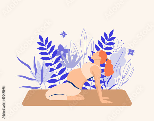 Pregnant woman practicing yoga and doing sport exercise. Woman doing pre-natal exercises with floral abstract background. Vector illustration