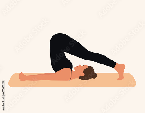 Young woman practicing yoga. Advanced yoga poses. Vector illustration. Halasana position depict.