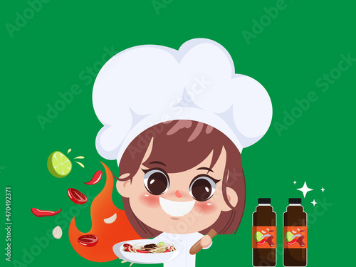 Happy cute girl chef cooking Papaya salad Thai food cartoon art illustration.