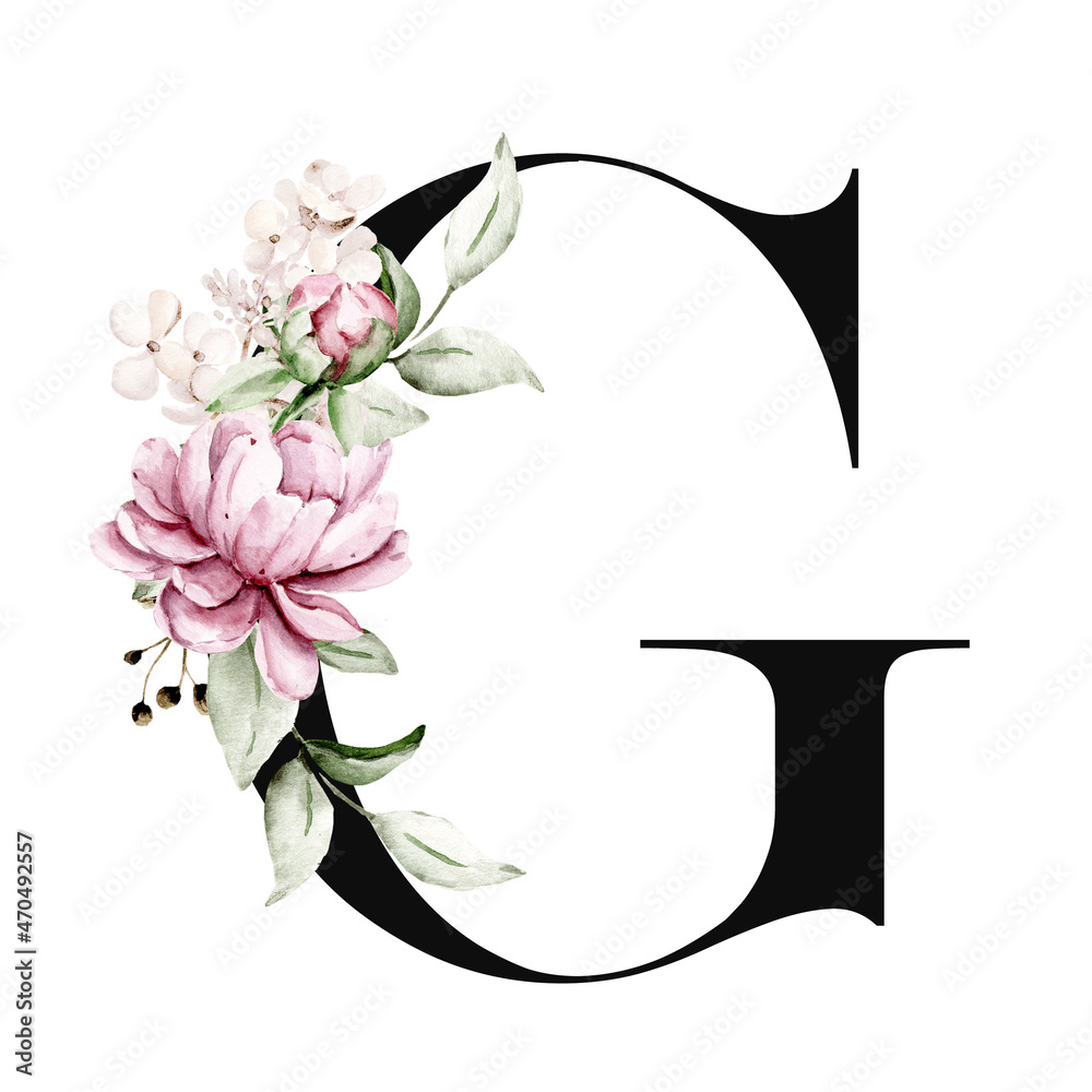 Floral alphabet, letter g with watercolor flowers and leaf. Monogram
