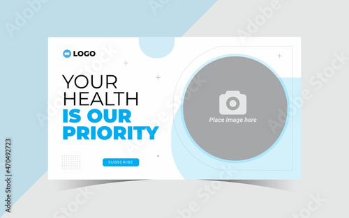 healthcare medical youtube video thumbnail and fully editable web banner for hospital clinic business template. Social media thumbnail video cover photo for promotion