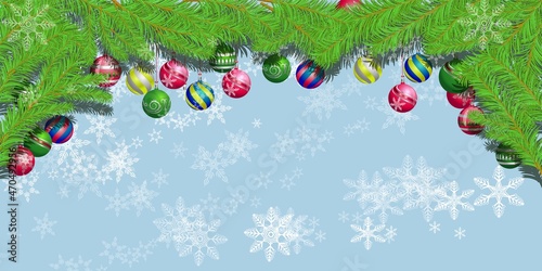Christmas or New Year poster background with fir branches, vary snowflakes and balls. Winter holiday vector illustration.