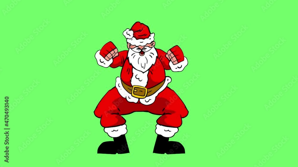 Santa Claus is dancing. Red suit. Rhythmic movements. New Year. Feast of Christmas. December. The month is January. Festive mood. Green and white background.