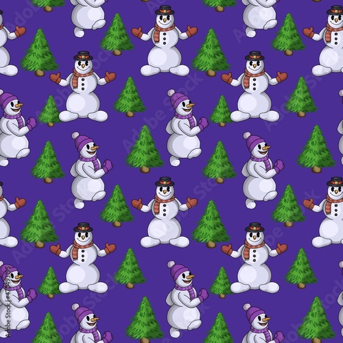 Snowmen in a purple hat walk behind a Christmas tree, seamless pattern on a blue background