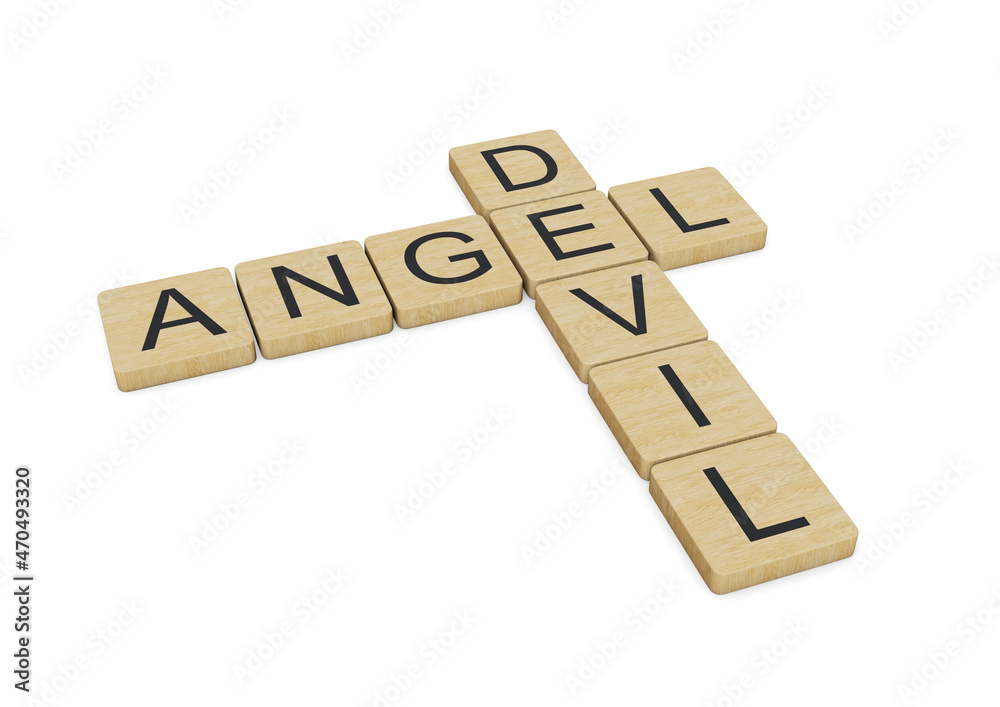 Angel Devil words written with wooden letters, isolated on white