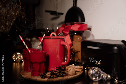 red teapot and cups in Christmas style