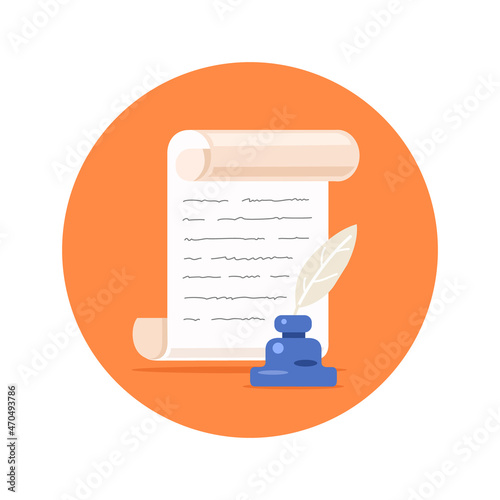 World Poetry Day, 21 March. Pen, ink, a sheet of paper with verses. Vector flat illustration.