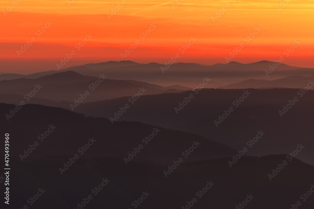 Red and orange sunset in the mountains