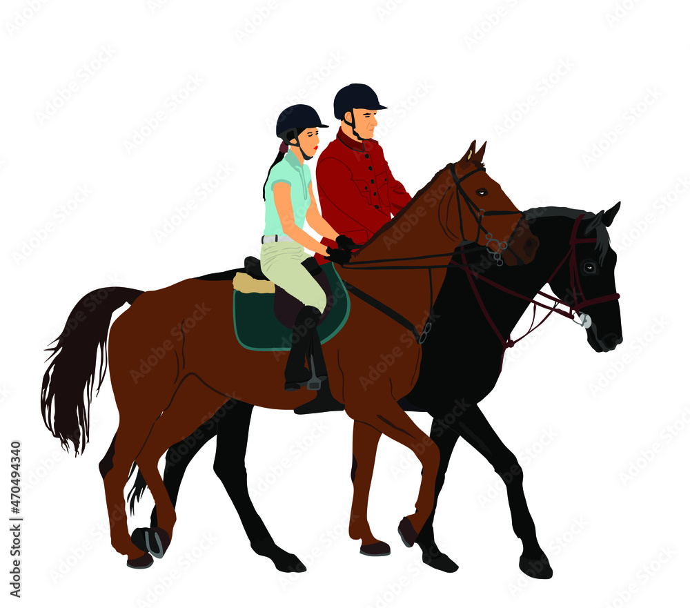 Jockey couple woman and man riding elegant racing horse vector illustration isolated on white. Hippodrome sport event. Female Jet set entertainment. Equestrian rider lady jumping over barrier. Jockey couple woman and man riding elegant racing horse vector illustration isolated on white. Hippodrome sport event. Female Jet set entertainment. Equestrian rider lady jumping over barrier.