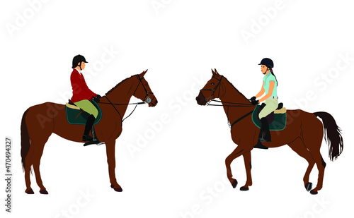 Elegant racing horse vector illustration isolated on white background. Jockey lady riding horse. Hippodrome female sport event. Entertainment jet set. Equestrian rider woman jumping over barrier show.