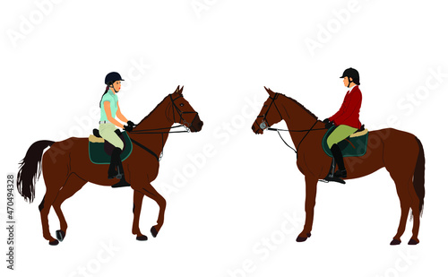 Elegant racing horse vector illustration isolated on white background. Jockey lady riding horse. Hippodrome female sport event. Entertainment jet set. Equestrian rider woman jumping over barrier show.