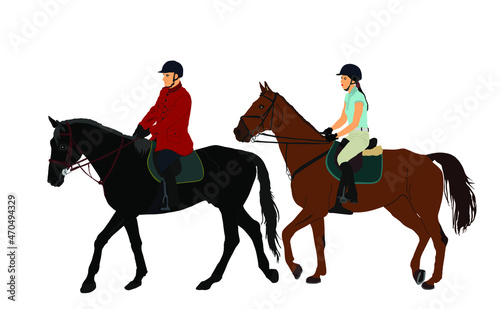 Jockey couple woman and man riding elegant racing horse vector illustration isolated on white.  Hippodrome sport event. Female Jet set entertainment. Equestrian rider lady jumping over barrier.