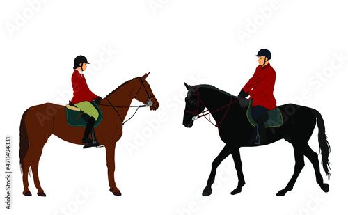 Jockey couple woman and man riding elegant racing horse vector illustration isolated on white.  Hippodrome sport event. Female Jet set entertainment. Equestrian rider lady jumping over barrier.
