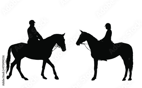 Jockey couple woman and man riding elegant racing horse vector silhouette illustration isolated white. Hippodrome female sport event. Jet set entertainment. Equestrian rider lady jumping over barrier.