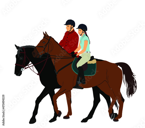 Jockey couple woman and man riding elegant racing horse vector illustration isolated on white. Hippodrome sport event. Female Jet set entertainment. Equestrian rider lady jumping over barrier.