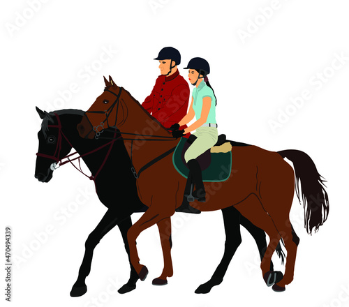 Jockey couple woman and man riding elegant racing horse vector illustration isolated on white.  Hippodrome sport event. Female Jet set entertainment. Equestrian rider lady jumping over barrier.