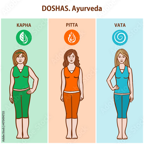 The doshas. 3 types of physical constitution: Kapha, Pitta, Vata. Ayurveda.