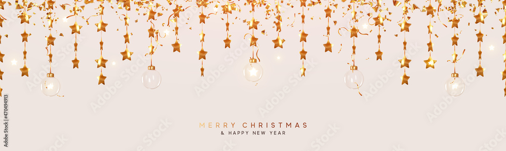 Christmas golden decoration. Gold stars, glitters confetti, hanging glass bauble balls. Vector illustration - obrazy, fototapety, plakaty 