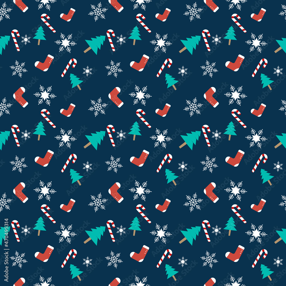  Christmas theme repeat pattern created with elements like Christmas tree, socks, snowflakes, candy cane Hand drawn vector repeat pattern for textile, fabric, gift wrapper, packaging and web backdrop.