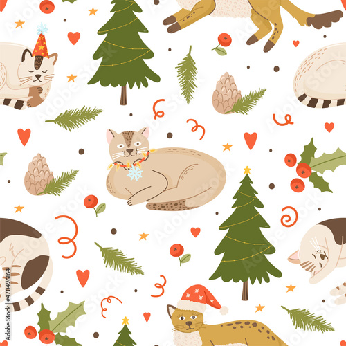 Merry Christmas and Happy New Year seamless pattern with cute cats and floral elements. Lovely vector for winter holidays postcard, invitation, wrapping paper; packaging etc.