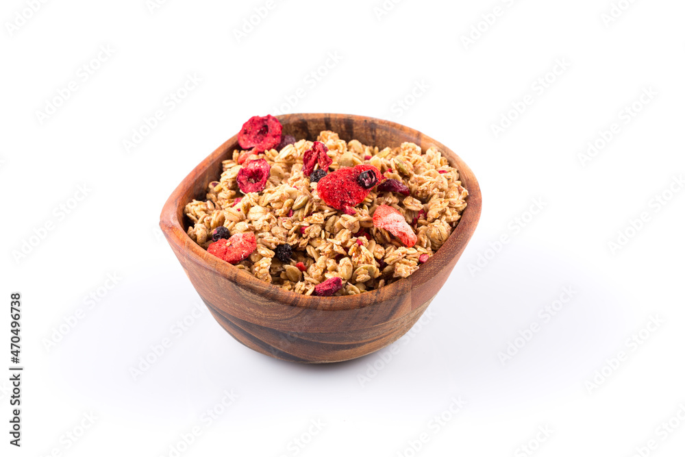 Muesli oat cereals close up background with dry fruits Muesli oat cereals close up background with dry fruits