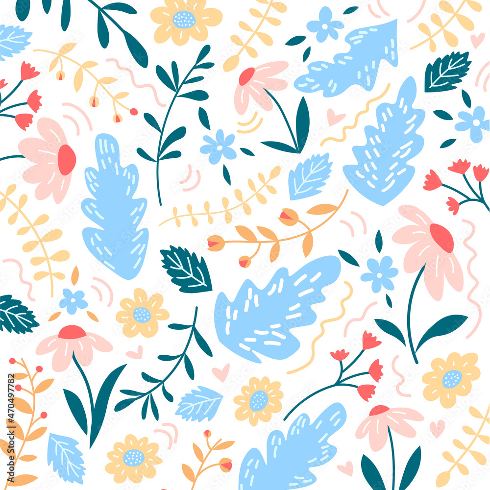 Decorative spring pattern with flowers and leaves. Lovely pattern for wrapping paper