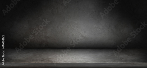 Metallic Concrete Cement Pedestal of Platform display with black stand podium on dark room background. Blank Exhibition or empty product shelf. 