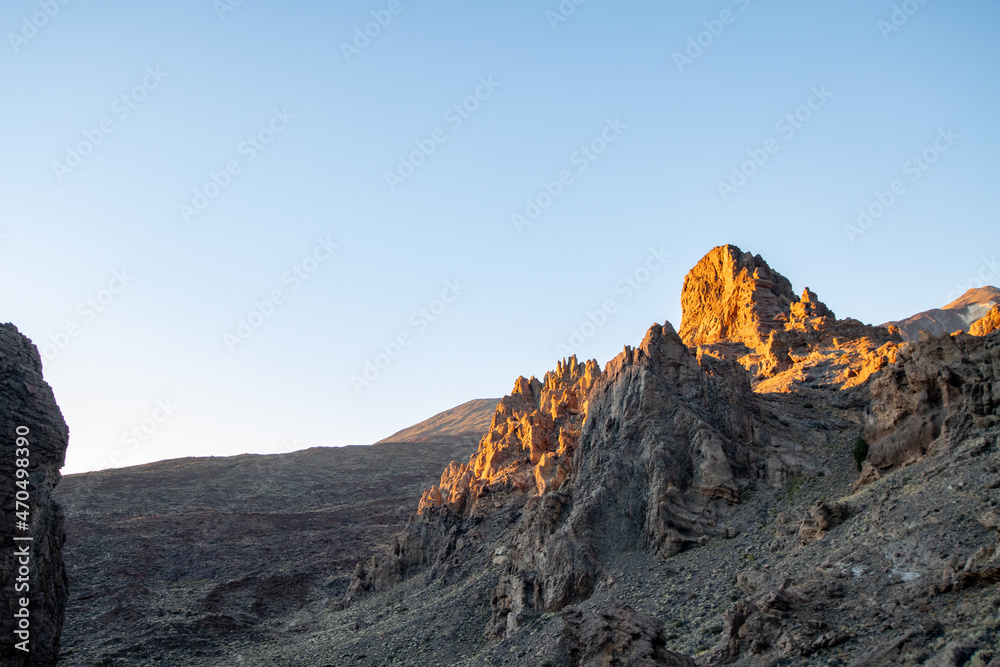 Natural landscape with desert and volcano rocks in Tenerife. Hiking in natural park