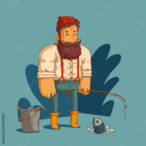 Huge fisher. Sketchy vector illustration of kind bearded fisherman wearing a shirt and trousers with suspenders, holding a fishing tackle, standing near the ice hole with a fish looking out of it