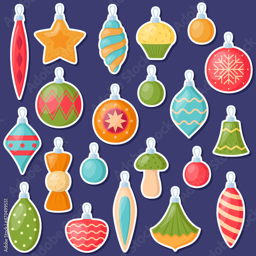   hristmas tree decorations. Set of stickers. Collection of xmas decorative elements  vector illustration