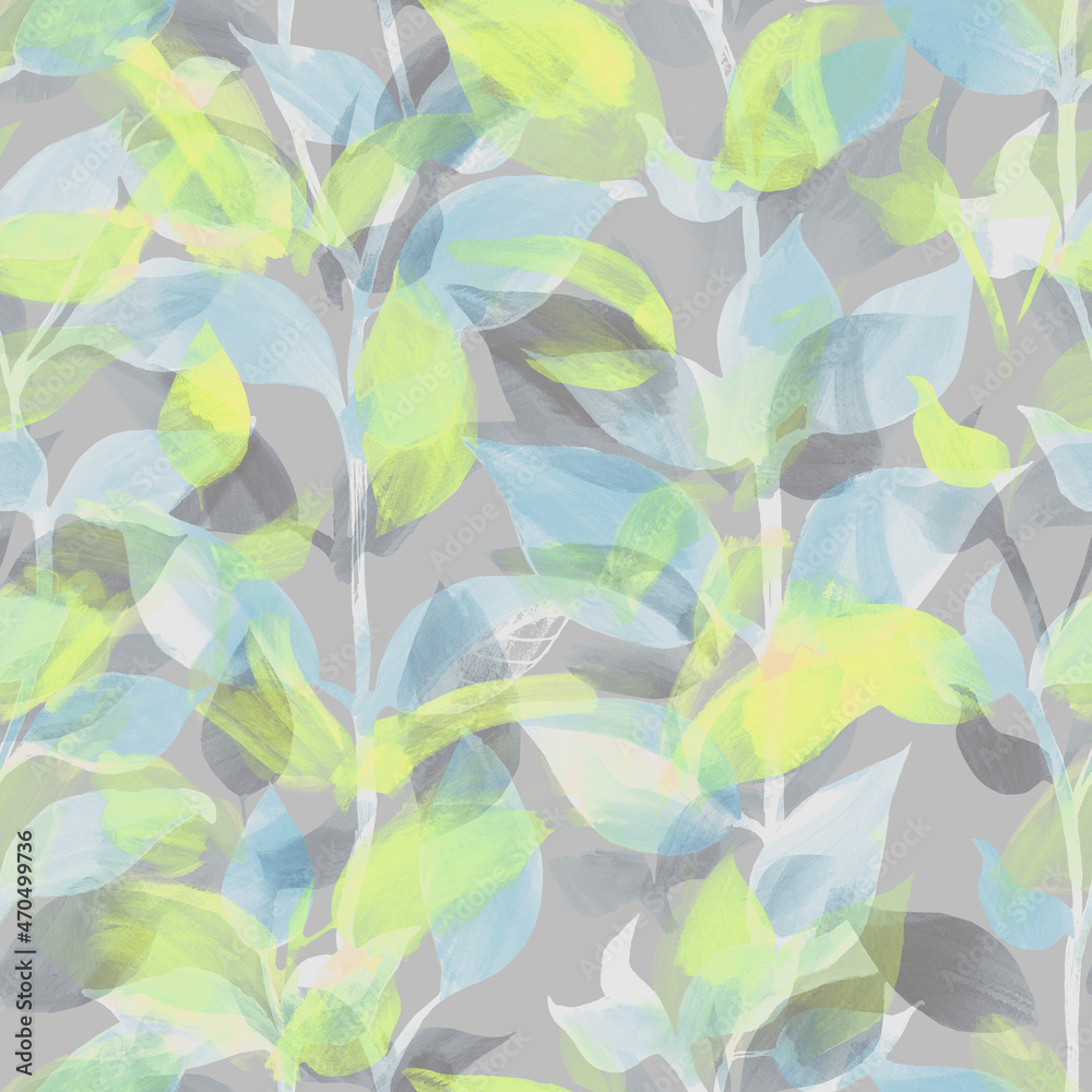 Seamless pattern of green, blue leaves. Simple botanical illustration. Background for blog, decoration. Design for wallpapers, textiles, fabrics.