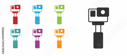 Black Action extreme camera icon isolated on white background. Video camera equipment for filming extreme sports. Set icons colorful. Vector