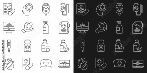Set line Laptop with cardiogram, Bottle of medicine syrup, Medical prescription and pen, IV bag, Cross hospital medical, Monitor, Pills blister pack and Hand sanitizer bottle icon. Vector