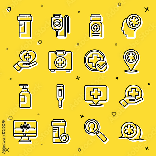 Set line Dialogue with the doctor, Cross hospital medical, Map pointer cross, Medicine bottle, First aid kit, Heart, and icon. Vector