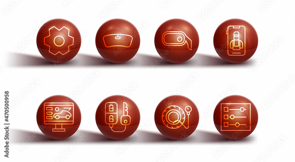 Set line Gear, Diagnostics condition of car, Online services, Tire pressure gauge, Car key with remote, Windshield, settings and rearview mirror icon. Vector Set line Gear, Diagnostics condition of car, Online services, Tire pressure gauge, Car key with remote, Windshield, settings and rearview mirror icon. Vector