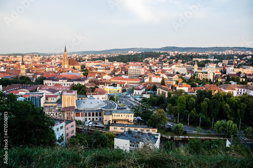 Aerial view over the city with the streets intersection: George Baritiu, Emil Isac, Cardinal Iuliu Hossu, Arany Janos and Splaiul Independentei. Cluj Napoca, Romania.