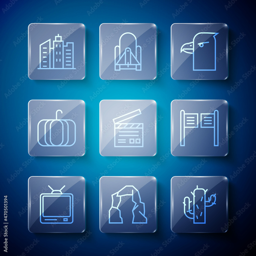 Set line Retro tv, Grand canyon, Cactus, Eagle head, Movie clapper, Pumpkin, City landscape and Saloon door icon. Vector