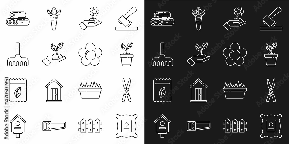 Set line Pack full of seeds of plant, Gardening handmade scissors, Plant pot, Hand holding flower, environmental, rake, Wooden logs and Flower icon. Vector Set line Pack full of seeds of plant, Gardening handmade scissors, Plant pot, Hand holding flower, environmental, rake, Wooden logs and Flower icon. Vector