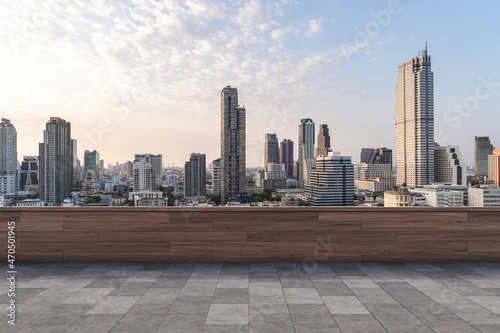 Photography Panoramic Bangkok skyline view, concrete observatory deck on rooftop, sunset