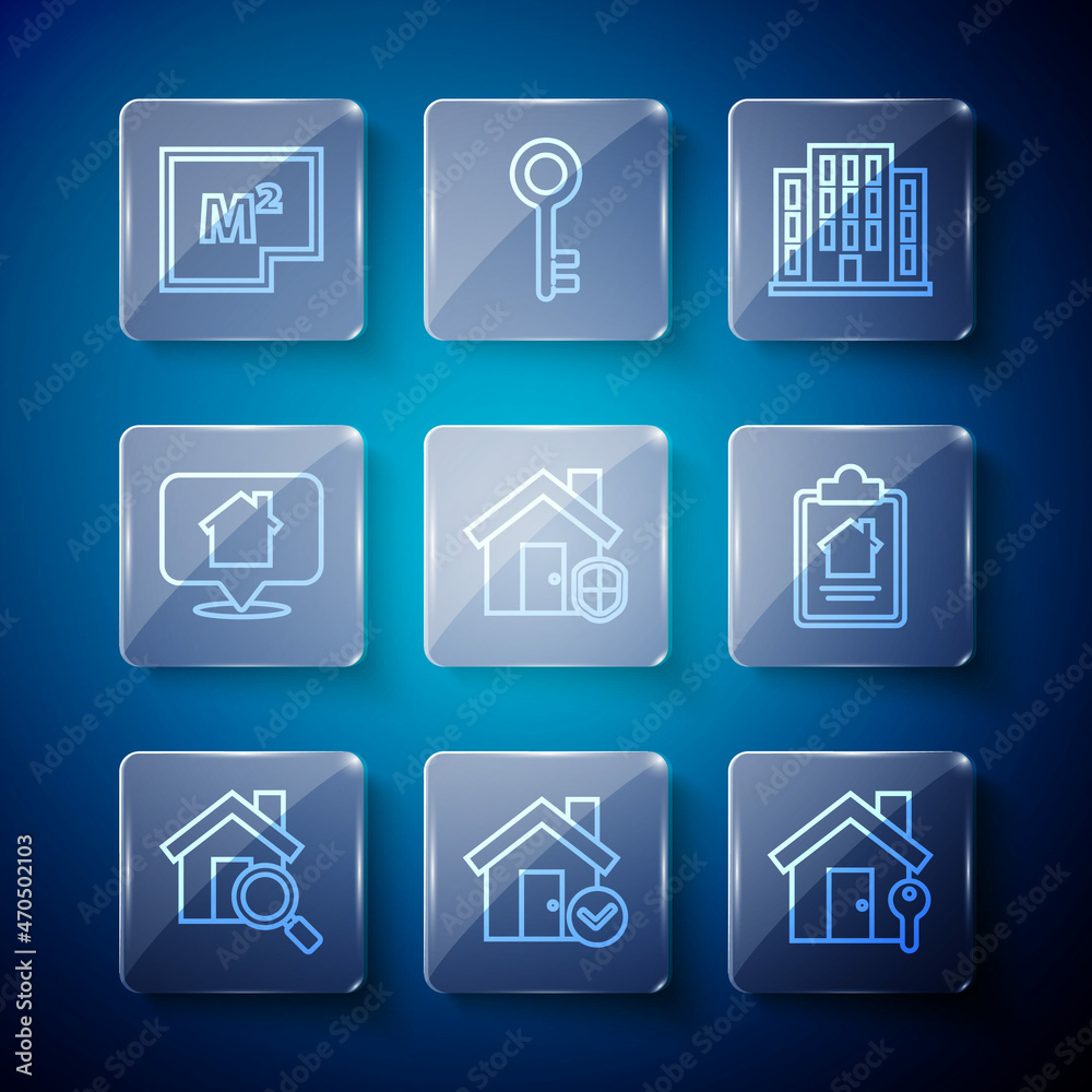 Set line Search house, House with check mark, key, under protection, Location, plan and contract icon. Vector Set line Search house, House with check mark, key, under protection, Location, plan and contract icon. Vector