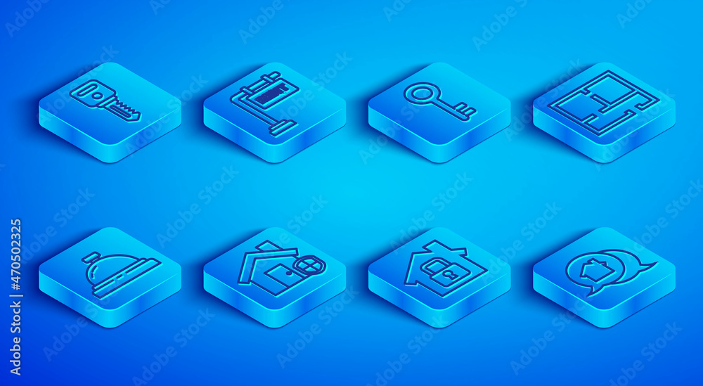 Set line House key, Hanging sign with Rent, under protection, plan, Hotel service bell and Real estate message house icon. Vector Set line House key, Hanging sign with Rent, under protection, plan, Hotel service bell and Real estate message house icon. Vector