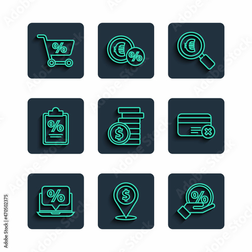 Set line Percent discount and laptop, Cash location, Discount percent tag, Magnifying glass euro, Coin money with dollar, Finance document, Shopping cart and Credit card remove icon. Vector
