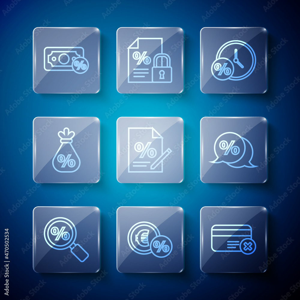 Set line Magnifying glass with percent, Money coin, Credit card remove, Clock and, Finance document, bag, and Discount tag icon. Vector Set line Magnifying glass with percent, Money coin, Credit card remove, Clock and, Finance document, bag, and Discount tag icon. Vector