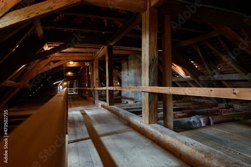 Kostelec nad Cernymi lesy, Czech Republic - July 31, 2021 - repaired wooden renaissance and baroque trusses and ceilings