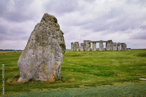 Stonehenge prehistoric monument on Salisbury Plain in Wiltshire, England, United Kingdom, September 13, 2021. A ring circle of henge megalithic stones, heel stone, bluestone trilithons, UK. photo