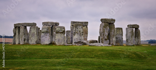 Stonehenge prehistoric monument on Salisbury Plain in Wiltshire, England, United Kingdom, September 13, 2021. A ring circle of henge megalithic stones, heel stone, bluestone trilithons, UK. photo