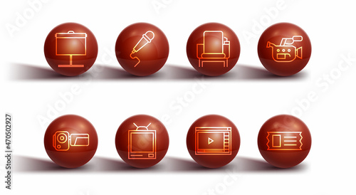 Set line Projection screen, Cinema camera, Online play video, Retro tv, Microphone, ticket and chair icon. Vector