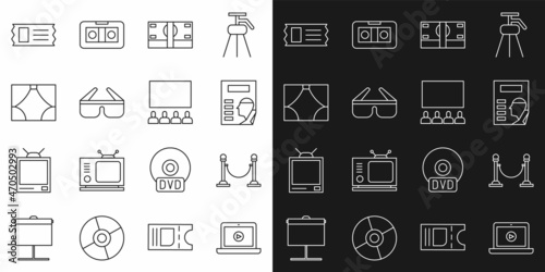Set line Online play video, Rope barrier, Cinema poster, Stacks paper money cash, 3D cinema glasses, Curtain, ticket and auditorium with screen icon. Vector