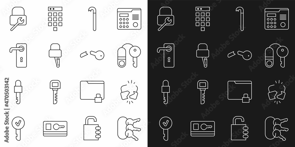 Set line Bunch of keys, Broken or cracked lock, House with, Crowbar, Lock picks for picking, Door handle, repair and icon. Vector Set line Bunch of keys, Broken or cracked lock, House with, Crowbar, Lock picks for picking, Door handle, repair and icon. Vector